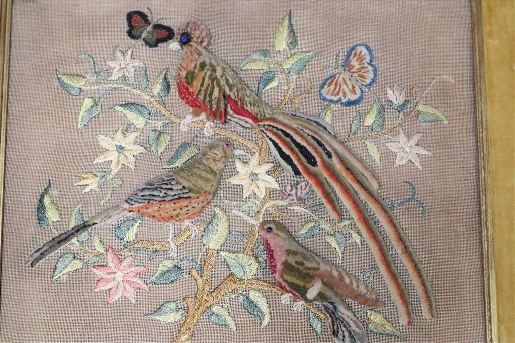 A Victorian stumpwork picture of Hummingbirds 24.25 x 30.5cm